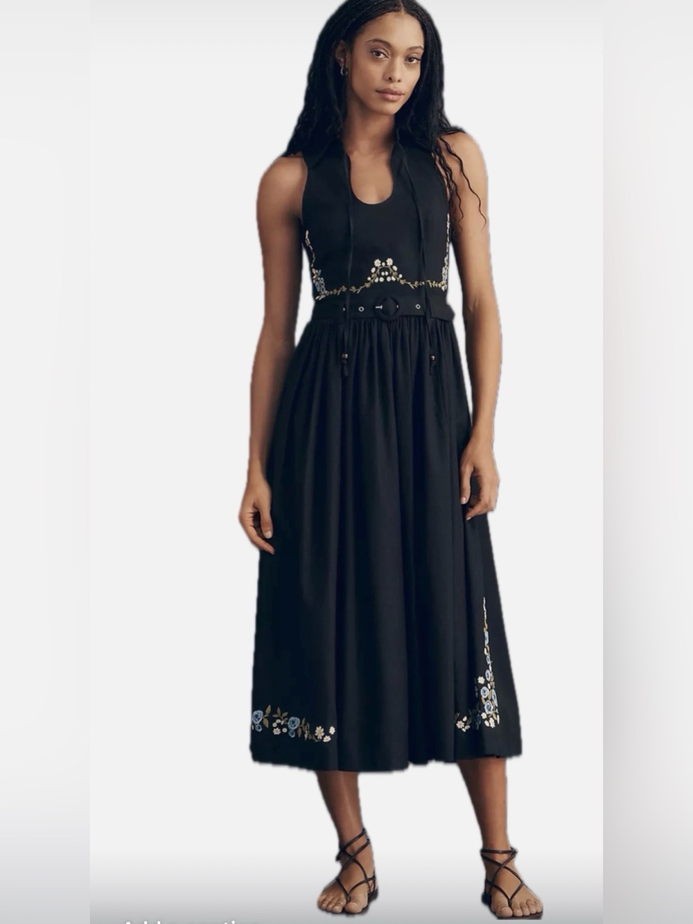 Avec Les Filles Black Embroidered Linen Blend Belted Midi Dress, Size 8 NWT